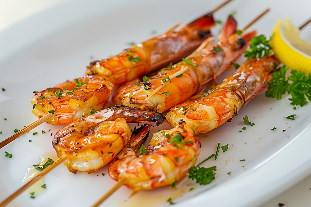 Rum glazed shrimp skewers